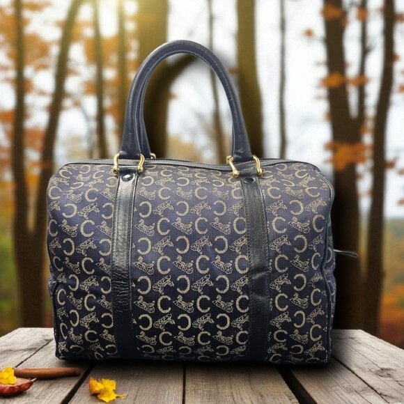 Céline Vintage C Sulky Top Handle Boston Bag Canvas and Leather Navy Blue COA - Picture 1 of 13